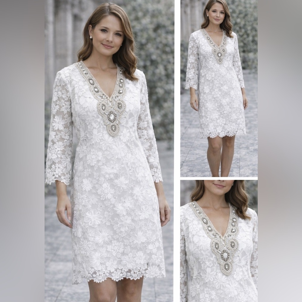 Boston Proper Lace Shift Dress Pearl Embellished Neckline White Size L NWT